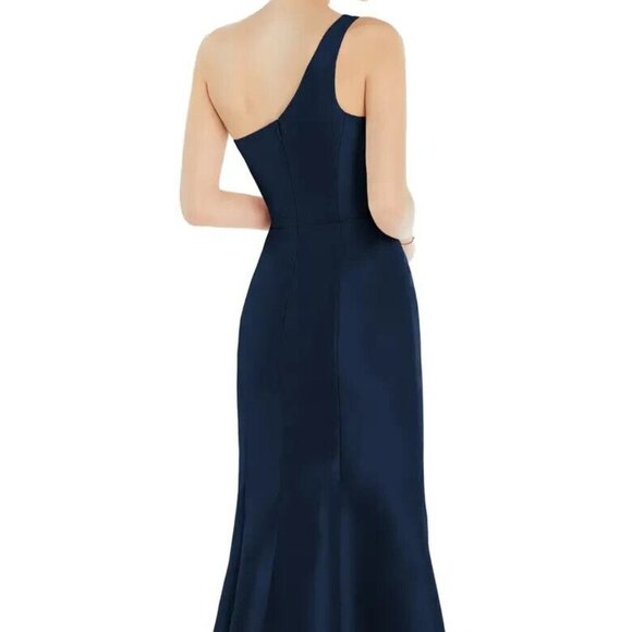 Alfred Sung Midnight Blue Draped One-Shoulder Satin Trumpet Gown D827 - Picture 5 of 6